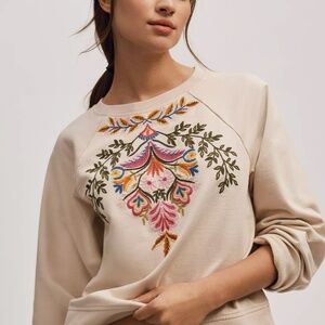 NWT By Anthropologie Embroidered Short Sleeve Sweatshirt XS